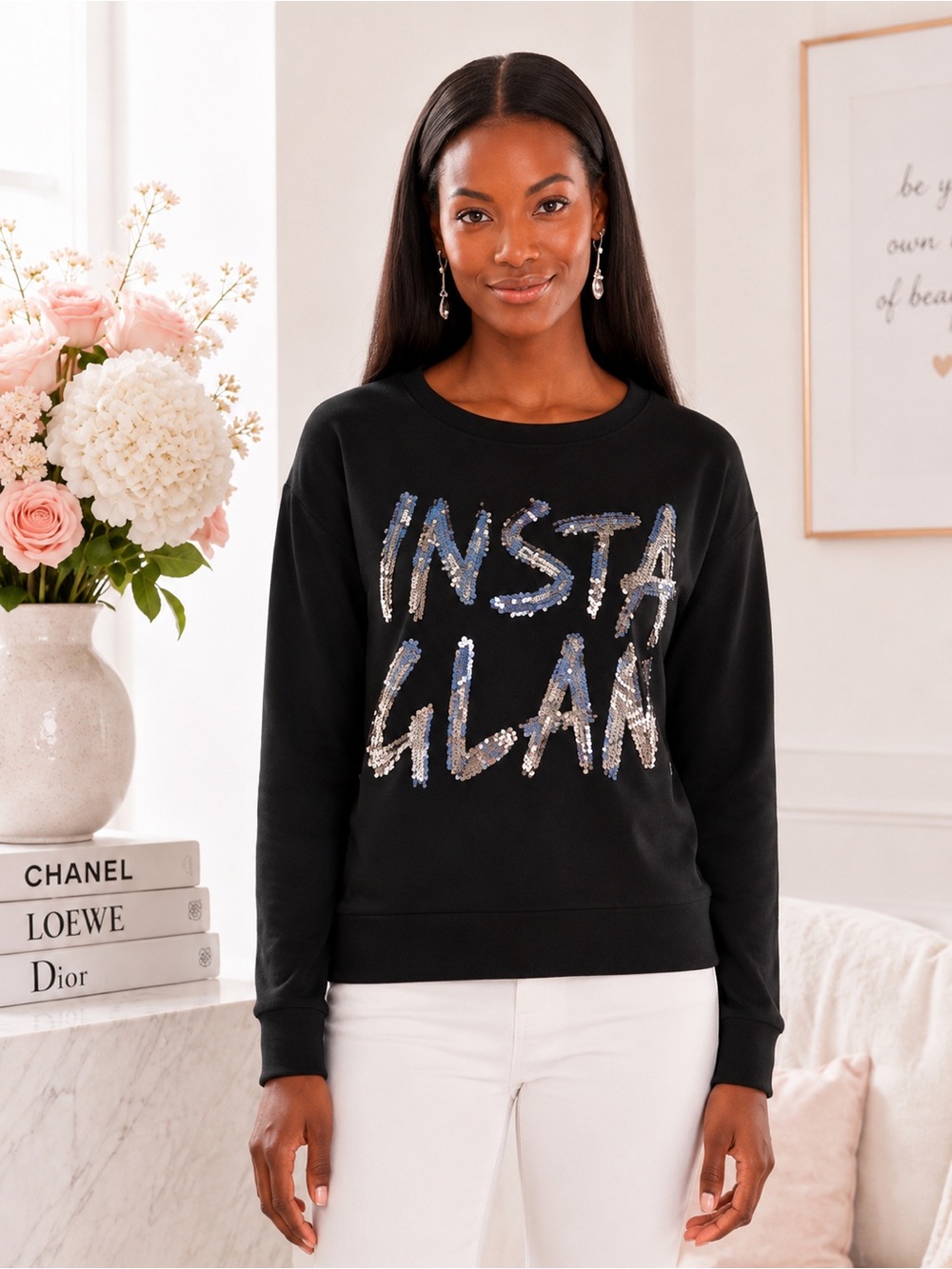 Juicy Couture Black Insta Glam Sequin Sweatshirt Top Long Sleeve NWT S M
